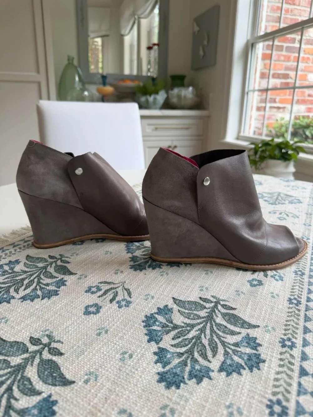 Taupe Leather Peep-Toe Wedge Bootie | Sigerson Morrison | Size W 9